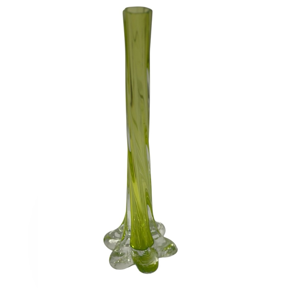 Vintage Lime Green Glass Bud Vase with Twisted Elephant Foot Base. Beautiful.